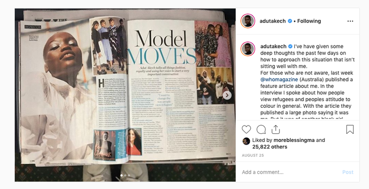 In August Who magazine published a photo of model Flavia Lazarus and incorrectly identified it as Sudanese-Australian model Adut Akech.