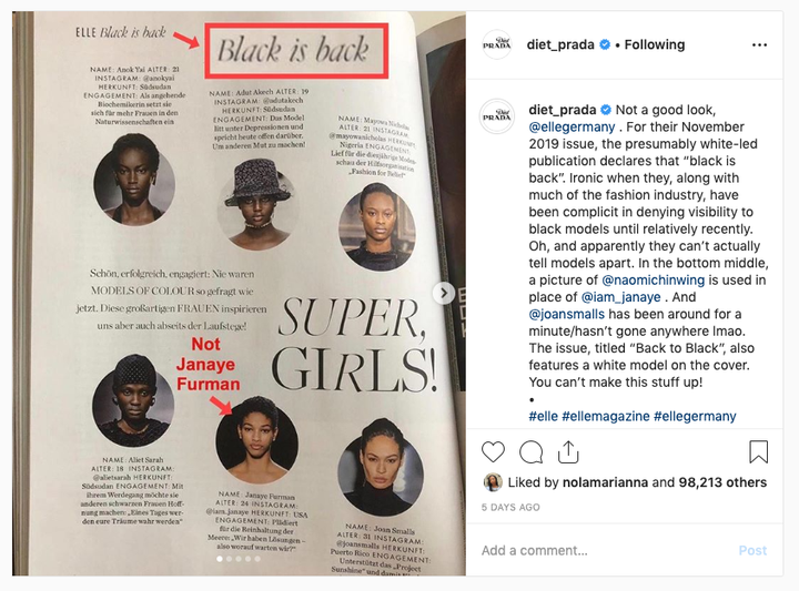 Last week Elle Germany came under fire for its 'Black is back' feature in which a photo of Naomi Chin Wing was used in place of model Janaye Furman.