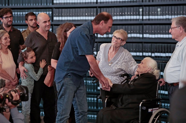 Dina greets descendants of Mor and Yanai at the Yad Vashem Holocaust memorial on Nov. 3.