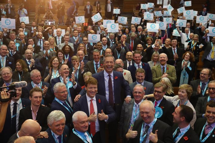 Farage introducing hundreds of Brexit Party election candidates at an event in Westminster