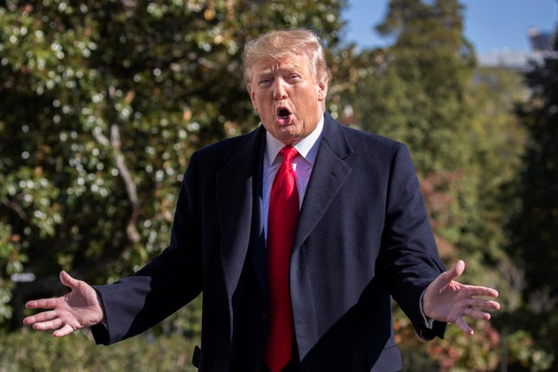 President Donald Trump speaks to reporters upon arrival at the White House in Washington, Sunday, Nov. 3, 2019. (AP Photo/Manuel Balce Ceneta)