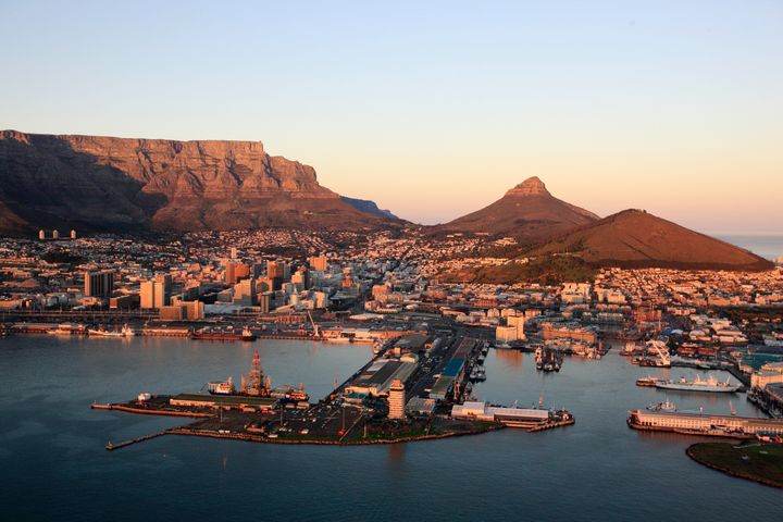 Aerial of Cape Town, South Africa with Table Mountain, Lion's Head and Harbour (Photo by Hoberman Collection/Universal Images Group via Getty Images)