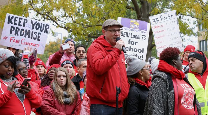 Chicago Teachers Union president Jesse Sharkey speaks at a rally outside an elementary school where striking teachers picketed on Oct. 22.