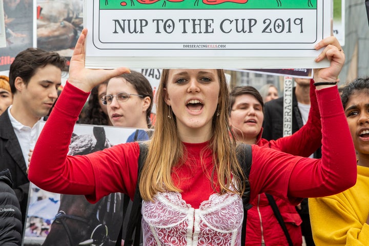 Protestors gathered at the 2019 Melbourne Cup Parade at Federation Square on Monday ahead of the big racing event on Tuesday.