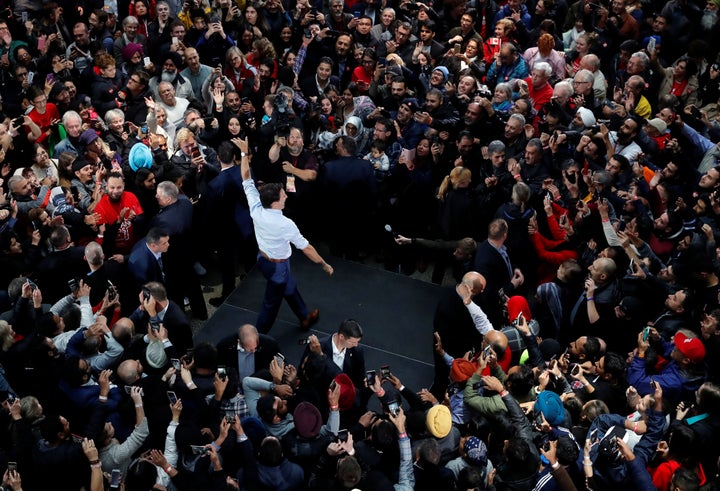 Liberal Leader Justin Trudeau waves to the crowd at a Vancouver rally on Oct. 20, 2019.