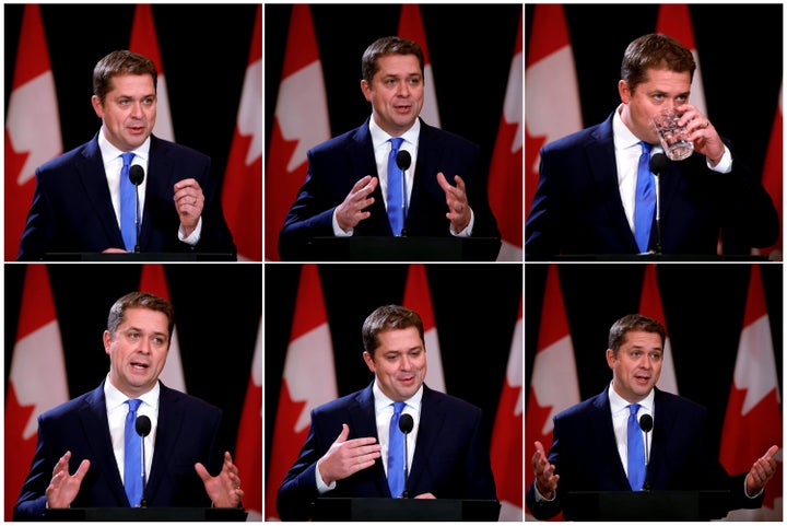 A combination picture shows Conservative Leader Andrew Scheer speaking at a news conference the day after the federal election in Regina.