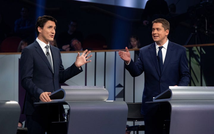 Liberal Leader Justin Trudeau and Conservative Leader Andrew Scheer take part in the federal leaders' French-language debate in Gatineau, Que. on Oct. 10, 2019. 