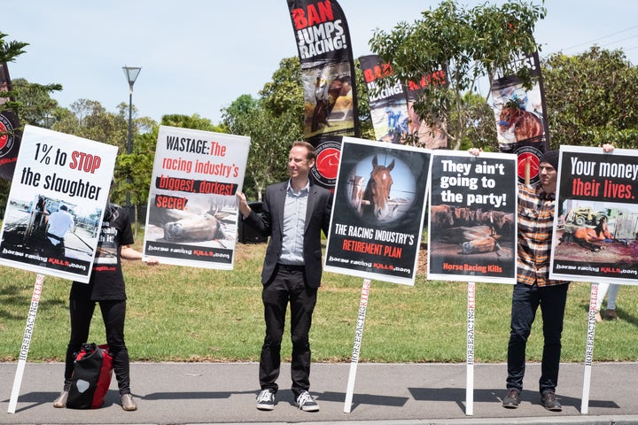 Racing protesters outside Flemington Racecourse in Melbourne on Tuesday.