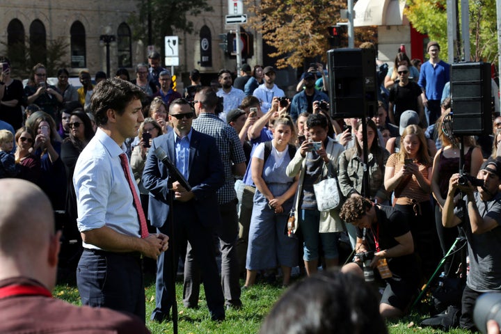 Justin Trudeau faces the media and the public in Winnipeg on Sept. 19, 2019.