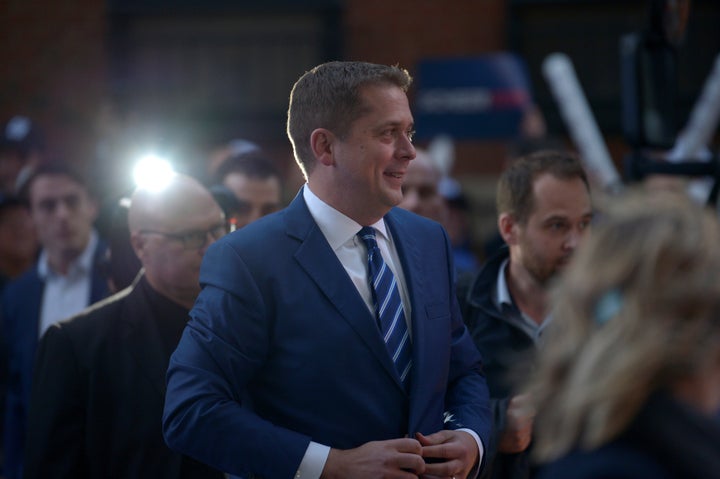 Conservative Leader Andrew Scheer arrives at the French televised debate at TVA in Montreal on Oct. 2, 2019.