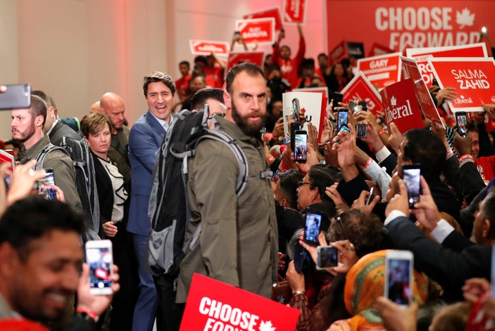 Justin Trudeau is surrounded by heavy security in Mississauga, Ont., on Oct. 12, 2019.