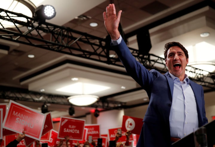 A bullet-proof vest can be seen bulging under Liberal Leader Justin Trudeau's shirt as he attends an election rally on Oct. 12, 2019.