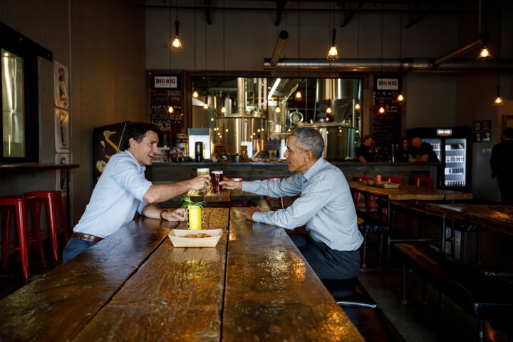 Prime Minister Justin Trudeau and former U.S. President Barack Obama meet at Big Rig brewery in Kanata, Ont. on May 31, 2019.