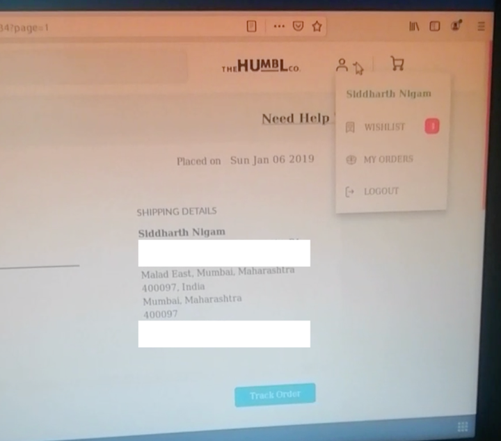 Screenshot of a video showing Alam gaining access to Siddharth Nigam's account, revealing his address, phone number, and email ID.