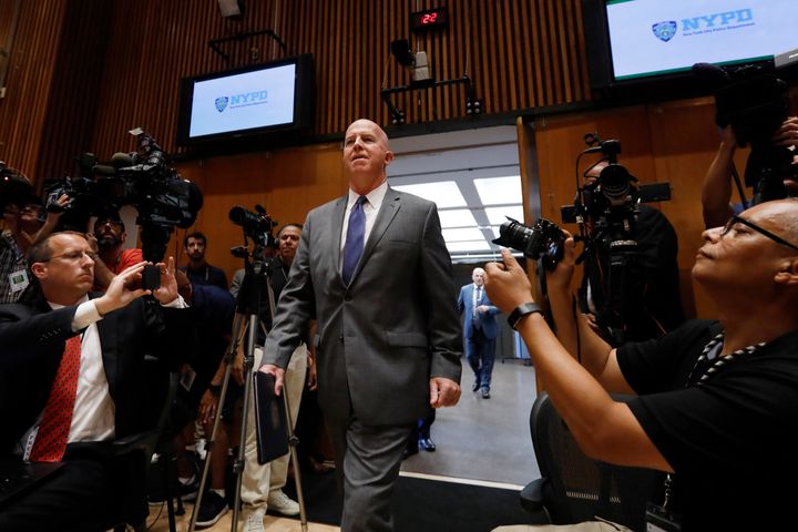 New York Police Department Commissioner James P. O'Neill arrives to make an announcement at NYPD headquarters, Monday, Aug. 19, 2019. 