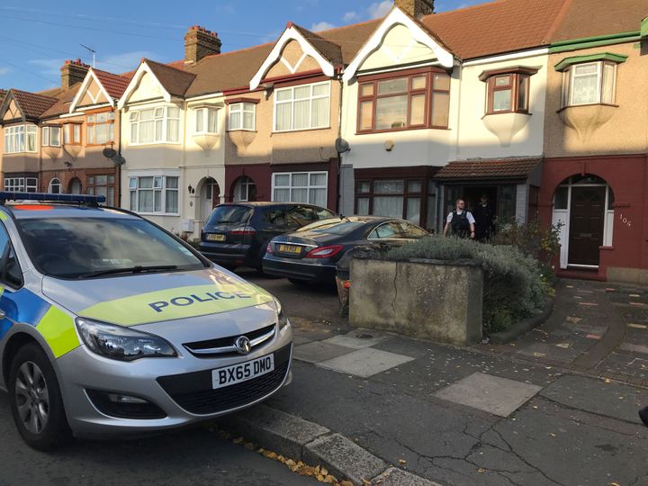 Police at a property in Applegarth Drive, Ilford, east London, where heavily pregnant Devi Unmathallegadoo, 35, was fatally shot with a crossbow
