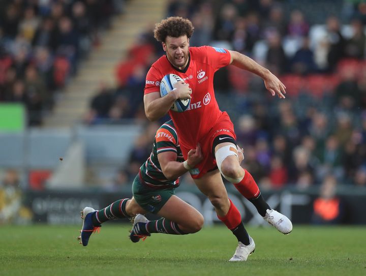 Leicester Tigers' Noel Reid tackles Saracens' Duncan Taylor during the Gallagher Premiership match at Welford Road, Leicester.