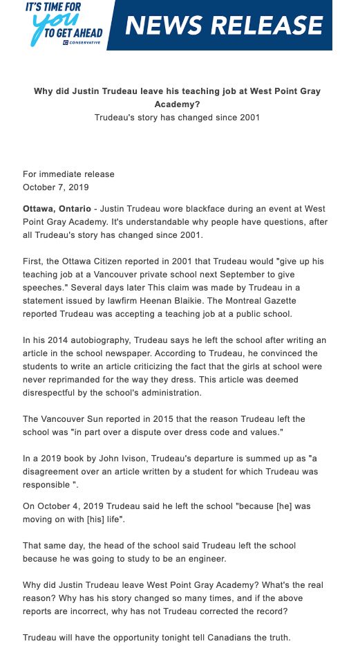 A Conservative press release was released on Oct. 7, questioning why Justin Trudeau left his teaching job at West Point Grey Academy.