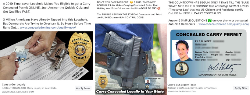 "A 2019 Time-saver Loophole Makes You Eligible to get a Carry Concealed Permit ONLINE," reads one of Concealed Online's 25,000 ads.