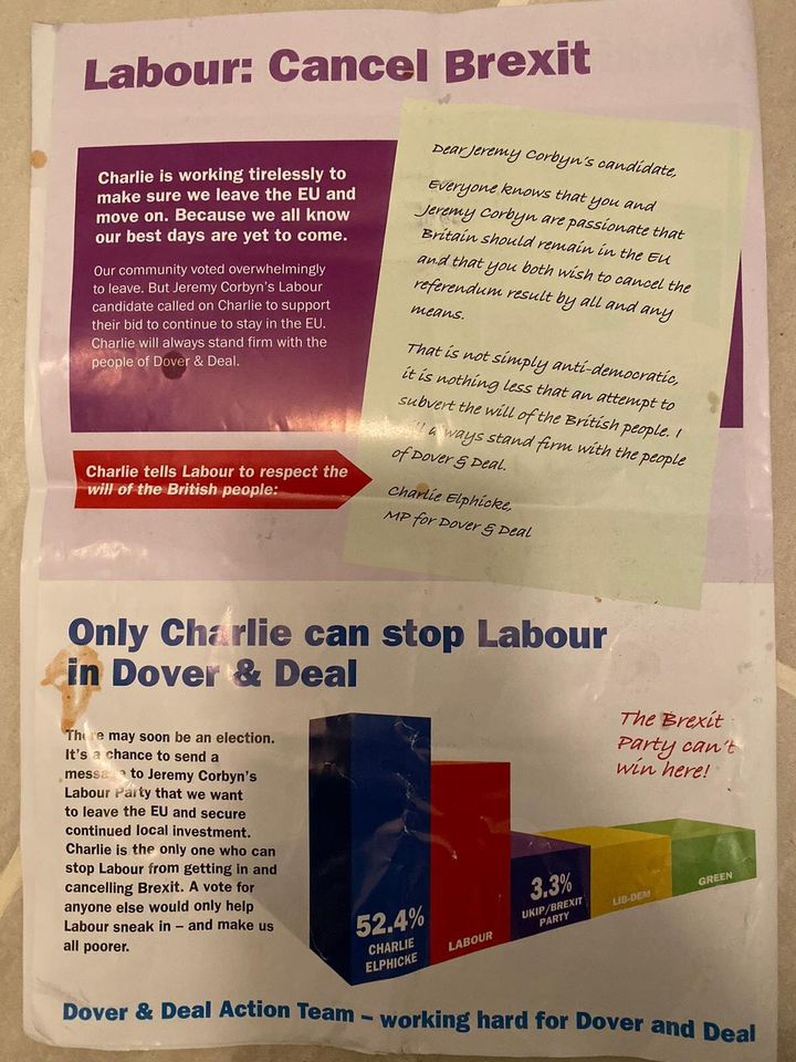 Charlie Elphicke campaign flyer with a bar graph for the Tory vote share and his name.