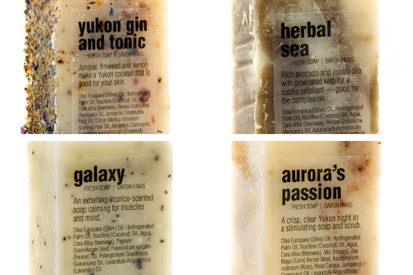 From top left, clockwise:&nbsp;<a href="https://yukonsoaps.com/shop/yukon-gin-and-tonic/">Yukon Gin And Tonic soap</a>,&nbsp;<a href="https://yukonsoaps.com/shop/herbal-sea/">Herbal Sea soap</a>,&nbsp;<a href="https://yukonsoaps.com/shop/auroras-passion/">Aurora&rsquo;s Passion soap</a>,&nbsp;<a href="https://yukonsoaps.com/shop/galaxy/">Galaxy soap</a>