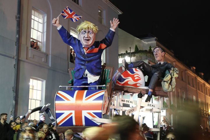 An effigy during the parade through the town of Lewes in East Sussex during an annual bonfire night procession held by the Lewes Bonfire Societies.