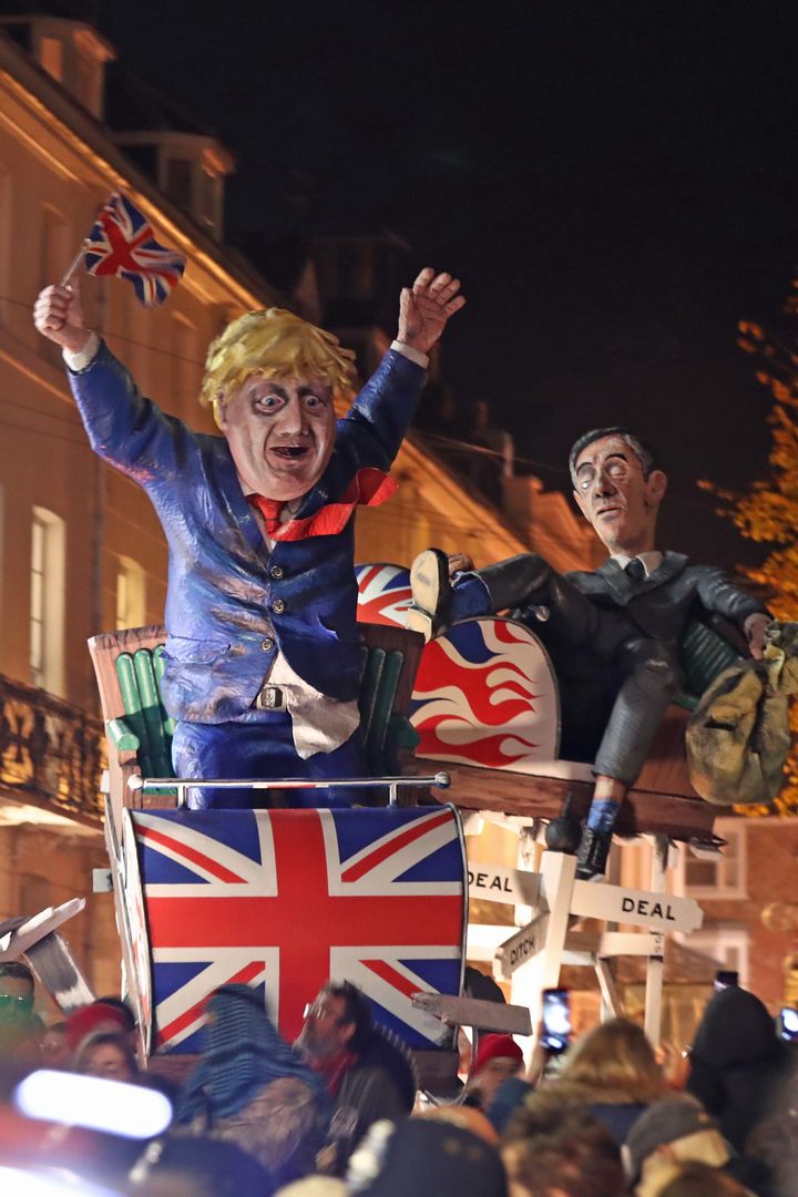 An effigy of Prime Minister Boris Johnson and Leader of the House of Commons Jacob Rees-Mogg during the parade through the town of Lewes in East Sussex during an annual bonfire night procession held by the Lewes Bonfire Societies.