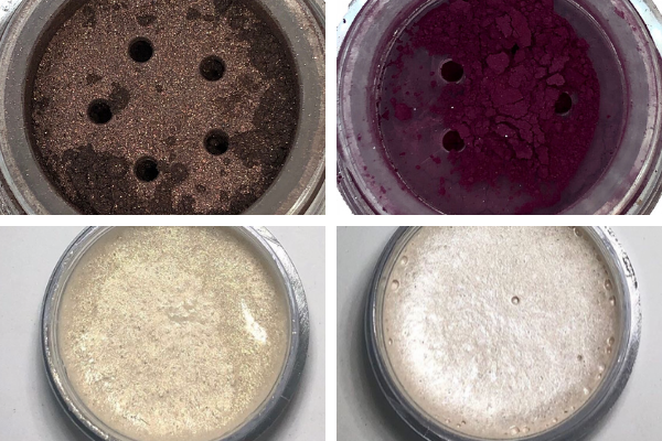 From top left, clockwise: Walnut eye shadow, Orchid eye shadow, highlighters