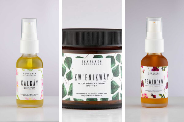 Left to right:&nbsp;<a href="https://skwalwen.com/collections/kalkay/products/kalkay-wild-rose-facial-oil">Kalkay Wild Rose Facial Oil</a>,&nbsp;<a href="https://skwalwen.com/collections/kw-enikway-wild-poplar/products/kw-enikway-wild-poplar-whipped-body-butter">Kw&rsquo;enikway Wild Poplar Whipped Body Butter</a>,&nbsp;<a href="https://skwalwen.com/collections/tewin-xw-cranberry-rose/products/tewin-xw-cranberry-rose-antioxidant-facial-serum">Tewin&rsquo;xw Cranberry Rose Antioxidant Facial Serum</a>&nbsp;