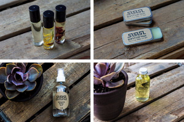 From top left, clockwise: Infused Roll Ons, Lip Balm, Salish Forest Oil, Rosewater Nettle Mist