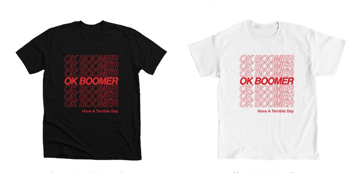 "OK boomer" merchandise for sale on bonfire.com.