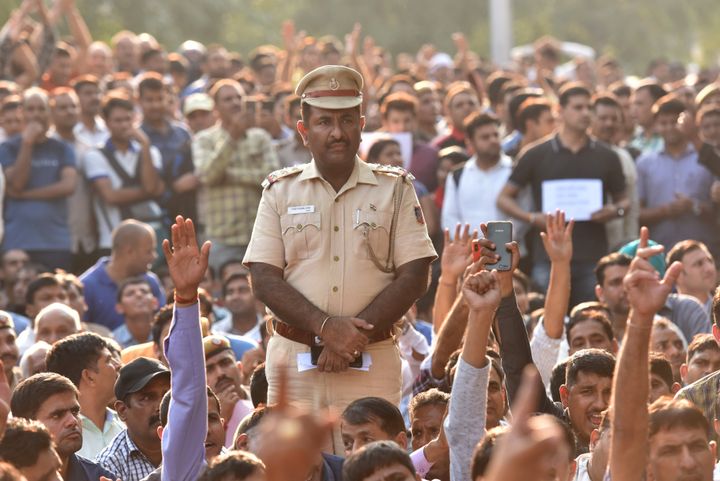 Delhi police personnel of all ranks protes against lawyers after their recent scuffle at Tis Hazari and Saket Court, at Police Headquarters on November 5, 2019 in New Delhi.