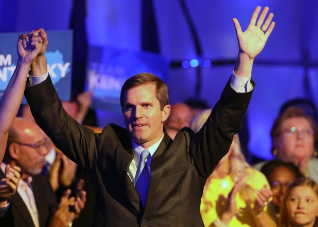 Apparent Kentucky Gov.-elect Andy Beshear celebrates with supporters in Louisville, Kentucky, on Tuesday...