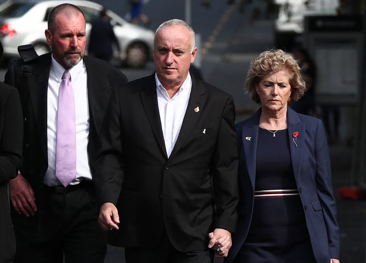 Grace Millane's parents David (centre) and Gillian (right) arrive with Detective Inspector Scott Beard (left) at Auckland High Court on November 06, 2019 