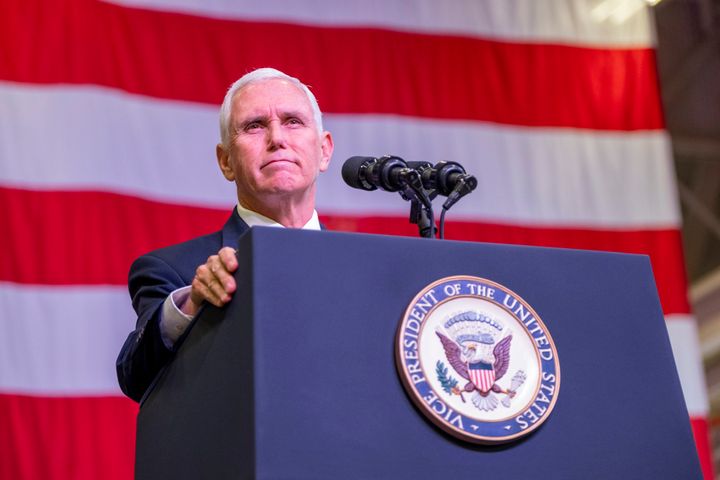 Vice President Mike Pence discusses the administration's support for veterans and the US military in a speech on Fort Hood on Tuesday, Oct. 29, 2019. (Jeromiah Lizama/The Killeen Daily Herald via AP)