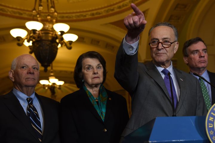 Sen.Charles Schumer (D-N.Y.), center right, addresses the media about the fallout from the resignation of NSA Michael Flynn on Capitol Hill on Feb. 15, 2016. Joining him were (from left to right): Sens. Ben Cardin (D-Md.), Dianne Feinstein (D-Calif.) and Mark Warner (D-Va.).