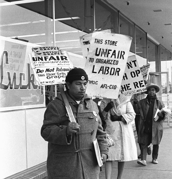 Picketers in front of a grocery store carry placards urging the boycott of the store because it carries grapes picked by non-union farm workers.