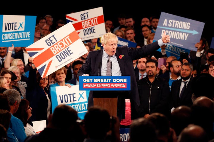 <strong>Boris Johnson speaks during an election campaign event at the NEC in Birmingham.</strong>