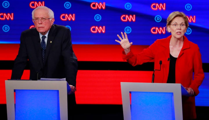 Sens. Bernie Sanders (I-Vt.) and Elizabeth Warren (D-Mass.) during the second Democratic presidential debate in July 2019.