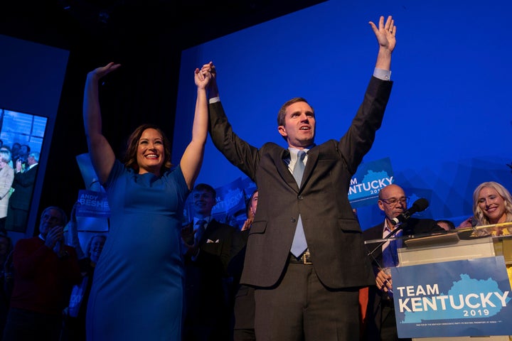 Democratic gubernatorial nominee Andy Beshear, along with lieutenant governor candidate Jacqueline Coleman, at the Kentucky D