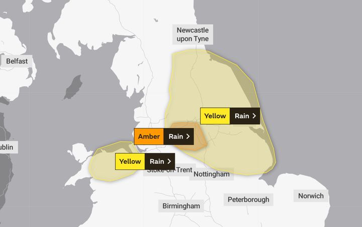 A Met Office weather map highlighting areas affected by Thursday's weather warnings 