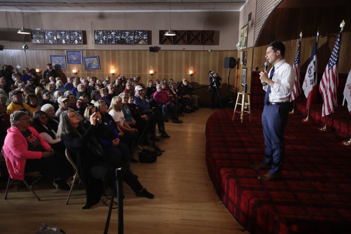 Buttigieg speaks to an estimated 334 people at a VFW hall in Algona, Iowa, on Monday. The town, home to 5,560 people, is in a