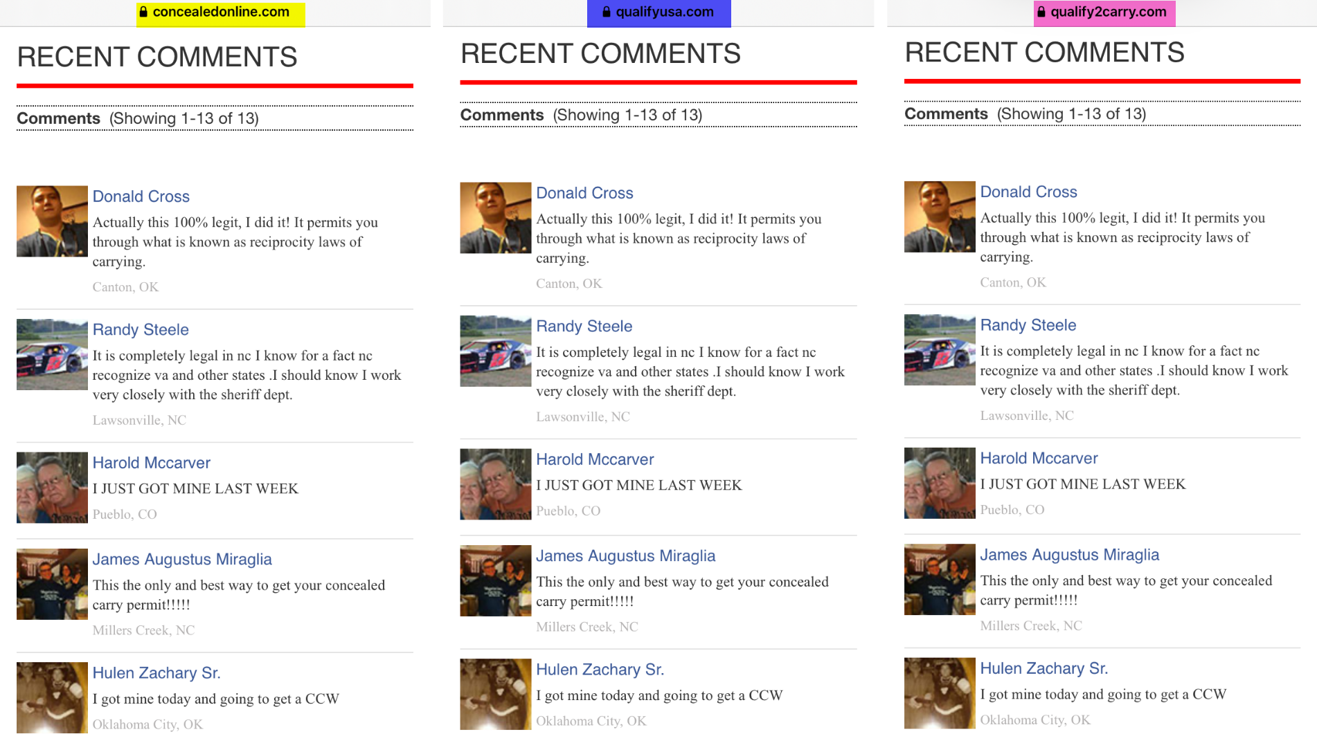 Concealed Online features identical reviews to those posted on two other websites selling handgun competency certificates.