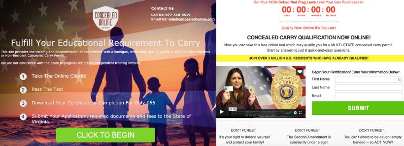 Left: The main version of Concealed Online's website. Right: The Facebook version of Concealed Online's website.