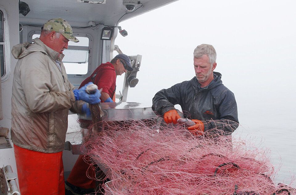 Fishermen prepare a net while shrimping off Maine's coast in Cundy Harbor.