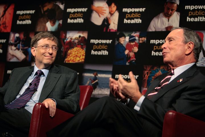 Bill Gates (left) and Michael Bloomberg hold a press conference to announce their charitable support for a global anti-smoking initiative on July 23, 2008, in New York City.