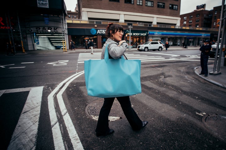 The writer, midcommute with a massive V by Townsley tote bag in tow.