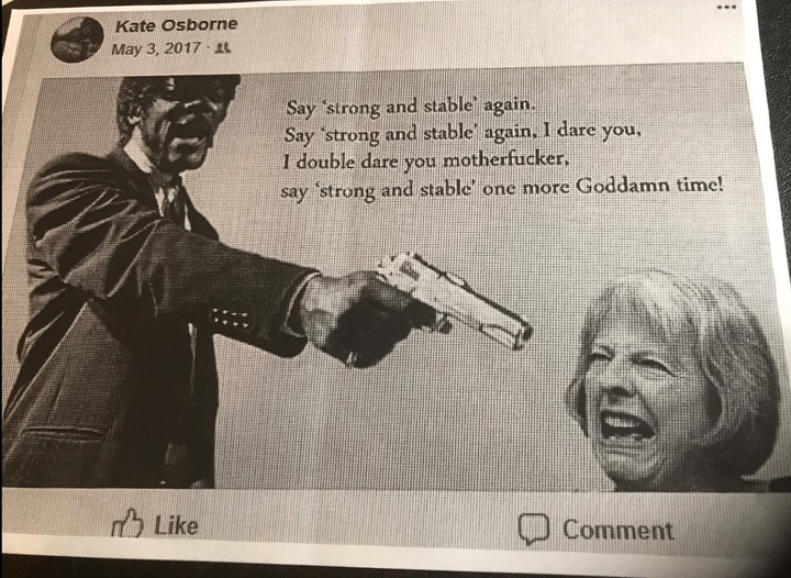 The image Kate Osborne shared on Facebook during the 2017 election campaign, which recently emerged, sparked a complaint by almost 40 female candidates. 