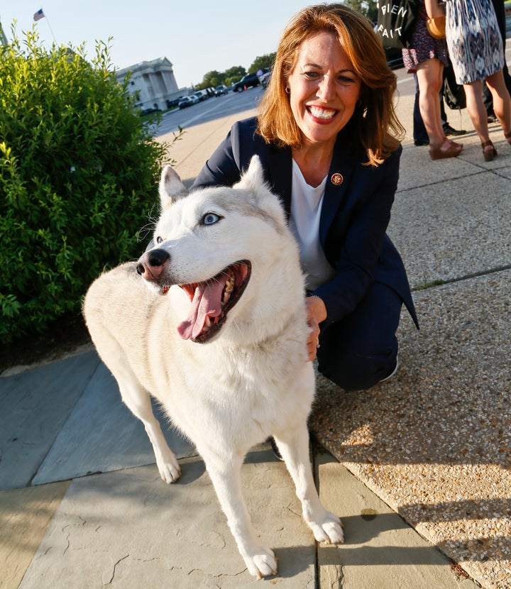 PACT Act co-sponsor Rep. Cindy Axne (D-Iowa) with Pepper at an event to urge the U.S. House to pass the bill against animal cruelty on July 15.