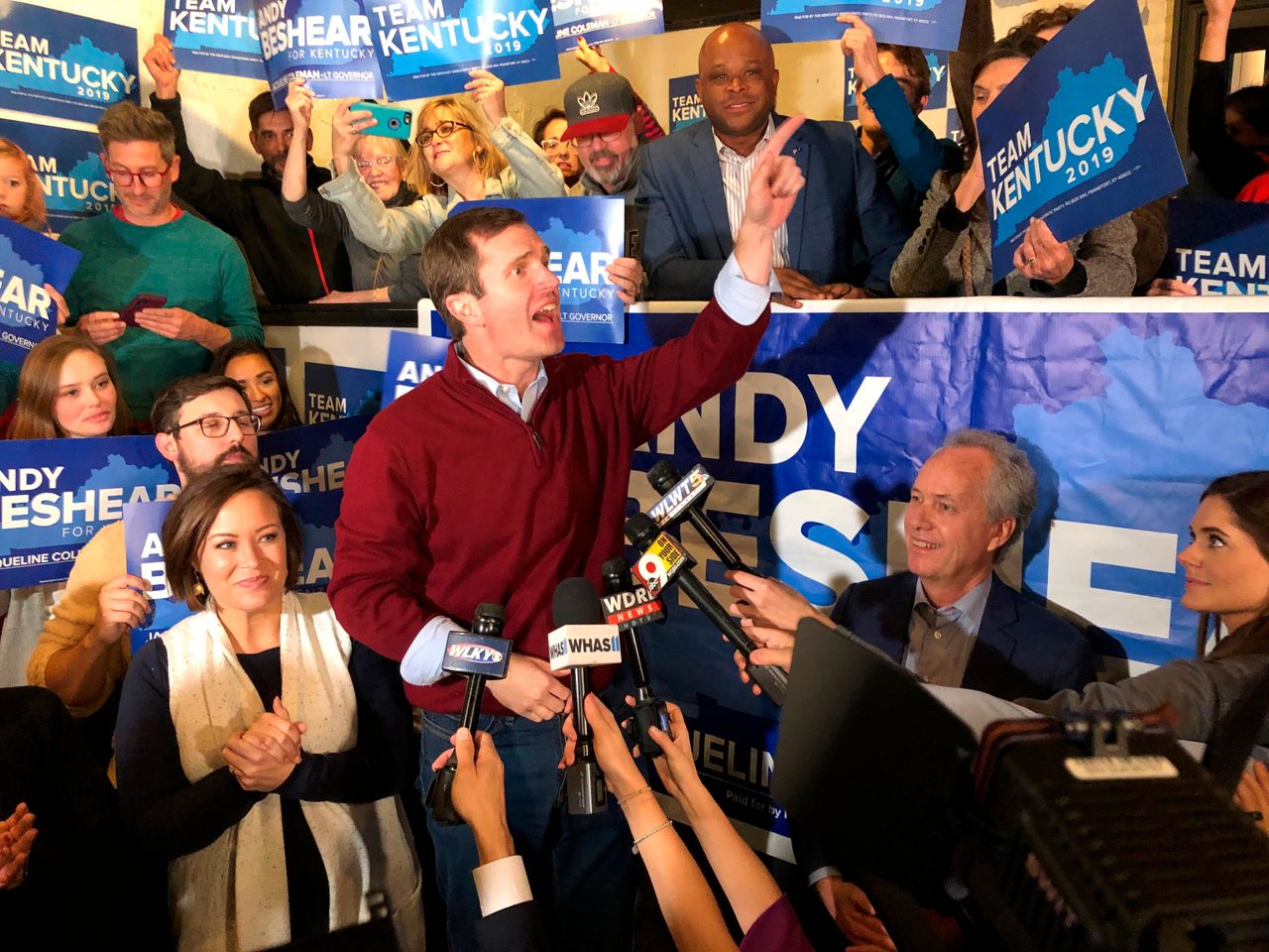 Democrat Andy Beshear speaks to supporters after a daylong tour of Kentucky on the last night of the campaign for governor, in Louisville, Kentucky, Nov. 4, 2019. Beshear traveled the state as his opponent, Republican Gov. Matt Bevin, welcomed President Donald Trump for a rally Monday night in Lexington.